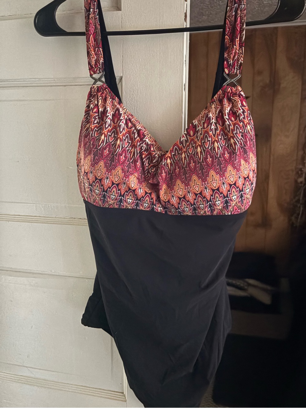 Black One-Piece Swimsuit with Pink Patterned Bust